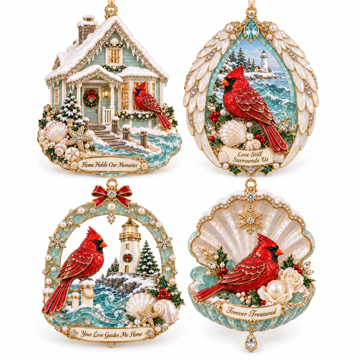 Forever Treasured – Coastal Cardinal Christmas Memorial Ornament Set