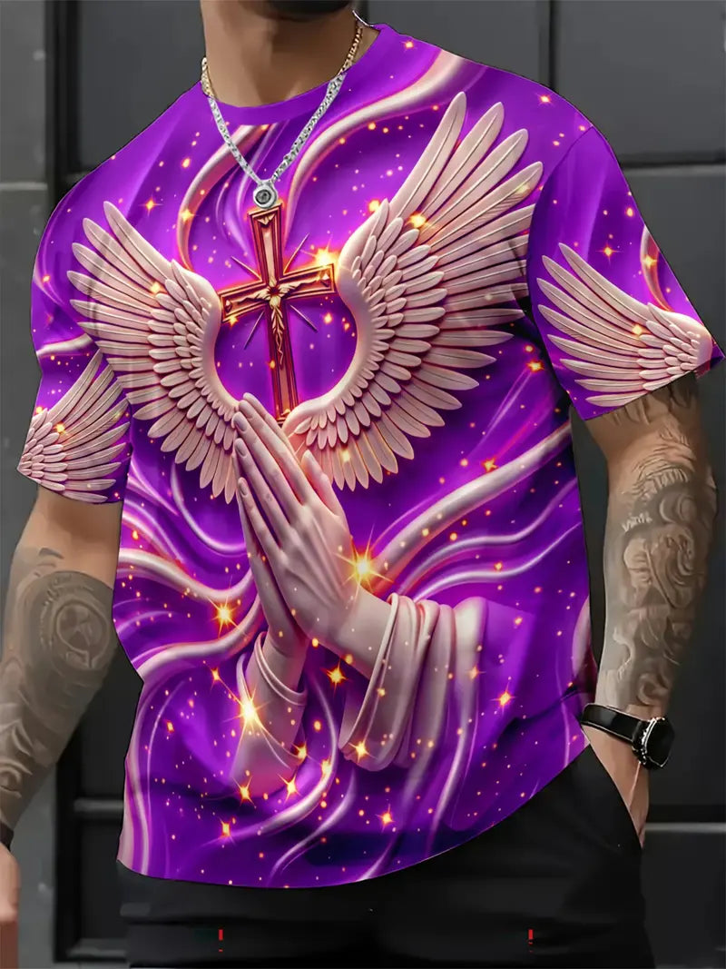 🙏✝️ Men's Religious Angel Wings Cross 3D T-Shirt | Faith-Inspired Short Sleeve Summer Tee