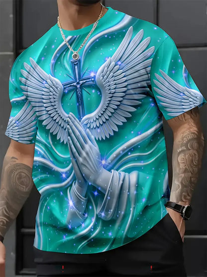 🙏✝️ Men's Religious Angel Wings Cross 3D T-Shirt | Faith-Inspired Short Sleeve Summer Tee
