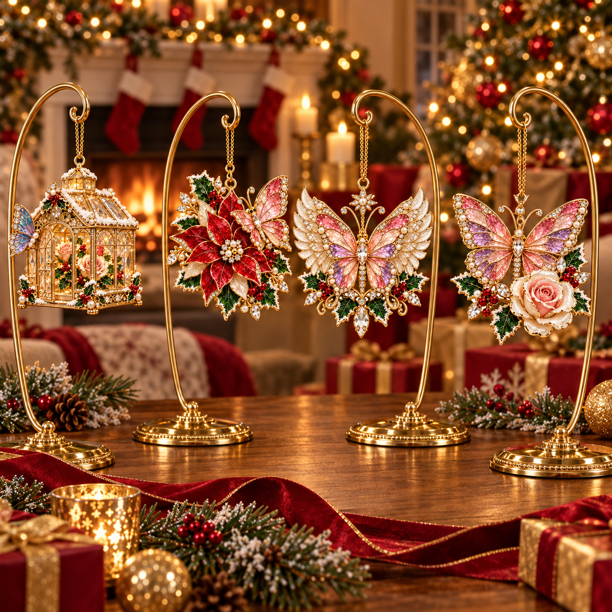 Butterfly Christmas Ornament  –  Elegant Holiday Keepsake Collection, Poinsettia & Rose Christmas Gift for Mom, Grandma & Butterfly Lovers