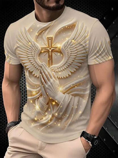 🙏✝️ Men's Religious Angel Wings Cross 3D T-Shirt | Faith-Inspired Short Sleeve Summer Tee