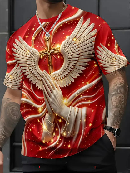 🙏✝️ Men's Religious Angel Wings Cross 3D T-Shirt | Faith-Inspired Short Sleeve Summer Tee
