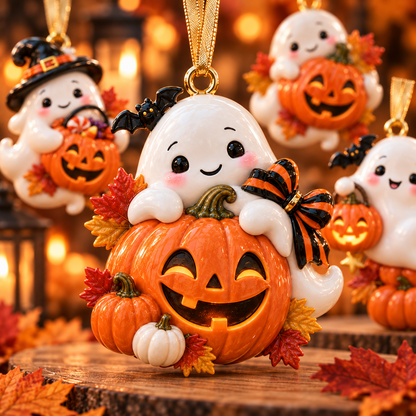 Cute Ghost & Pumpkin Halloween Ornament  –  Spooky-Cute Hanging Keepsake Collection, Fun Halloween Gift for Family & Ghost Lovers