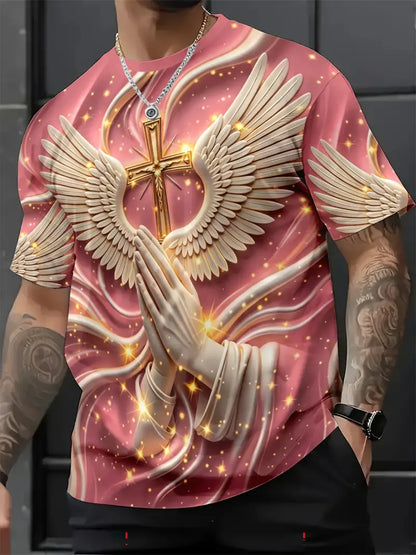 🙏✝️ Men's Religious Angel Wings Cross 3D T-Shirt | Faith-Inspired Short Sleeve Summer Tee