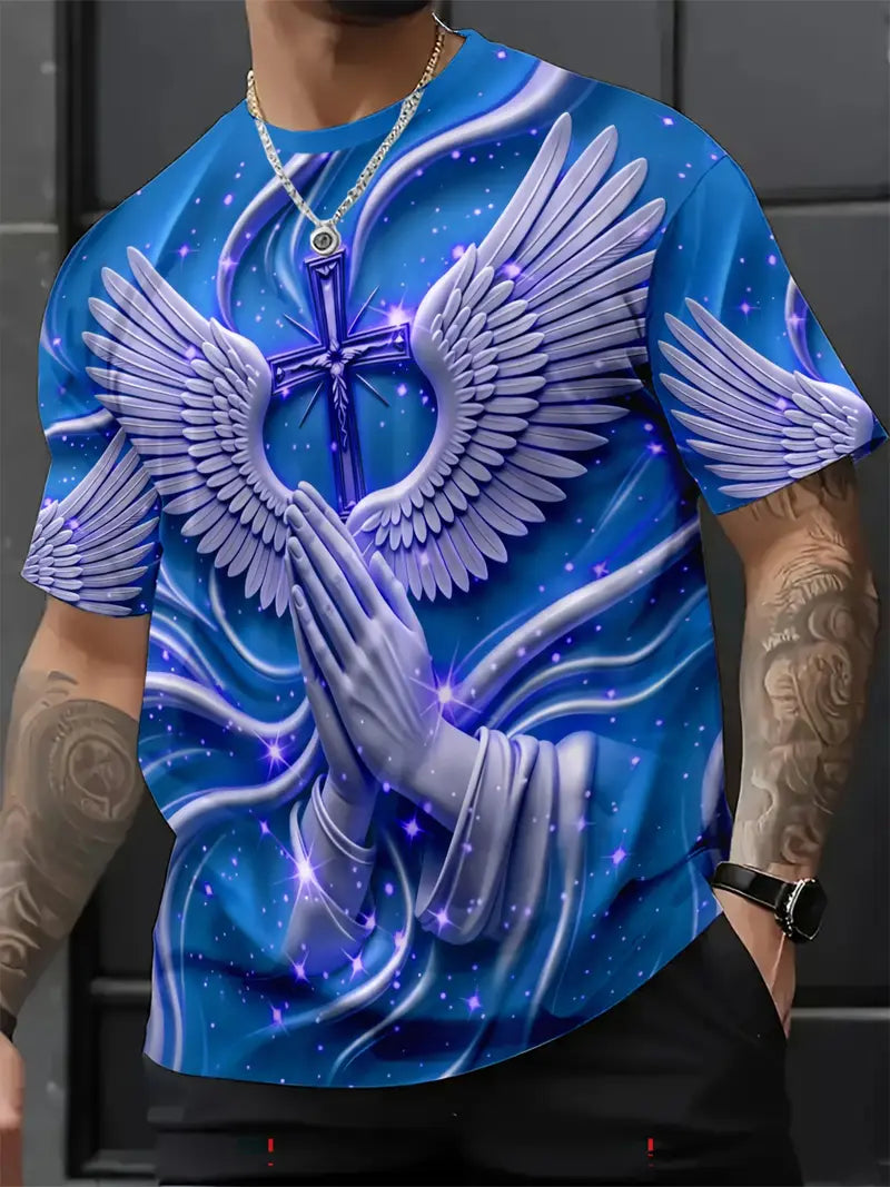 🙏✝️ Men's Religious Angel Wings Cross 3D T-Shirt | Faith-Inspired Short Sleeve Summer Tee