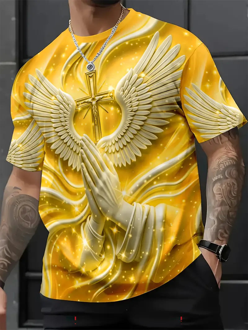 🙏✝️ Men's Religious Angel Wings Cross 3D T-Shirt | Faith-Inspired Short Sleeve Summer Tee