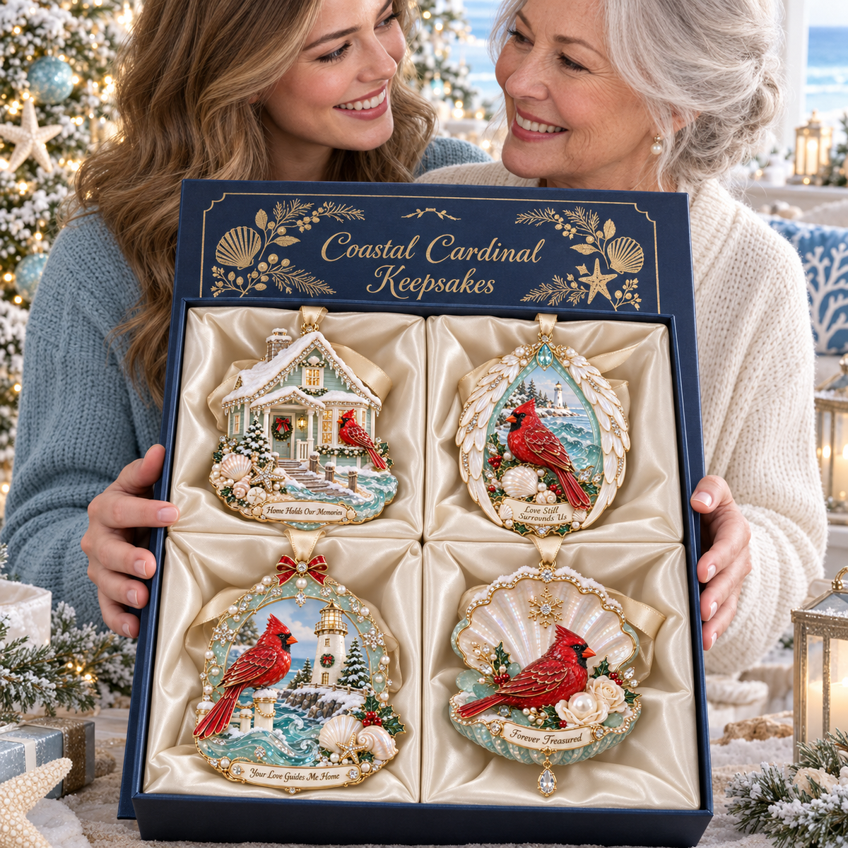 Forever Treasured –  Coastal Cardinal Christmas Memorial Ornament Set