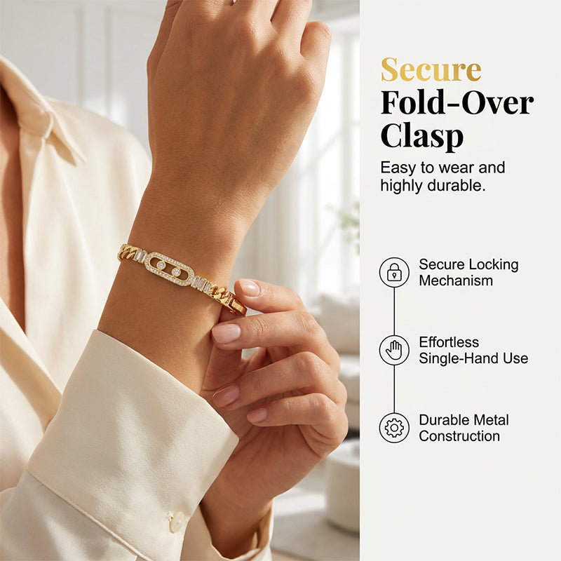 📿Women's Gold-Tone Cubic Zirconia Chain Bracelet – Cuban Link, Zircon Accents, Fold-Over Clasp ✨