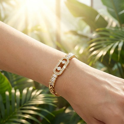 📿Women's Gold-Tone Cubic Zirconia Chain Bracelet – Cuban Link, Zircon Accents, Fold-Over Clasp ✨