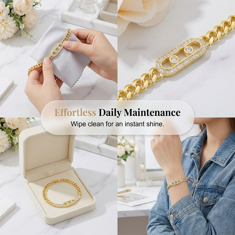 📿Women's Gold-Tone Cubic Zirconia Chain Bracelet – Cuban Link, Zircon Accents, Fold-Over Clasp ✨