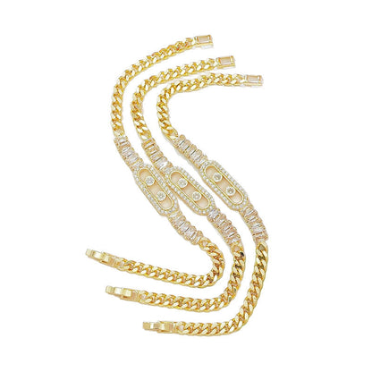 📿Women's Gold-Tone Cubic Zirconia Chain Bracelet – Cuban Link, Zircon Accents, Fold-Over Clasp ✨